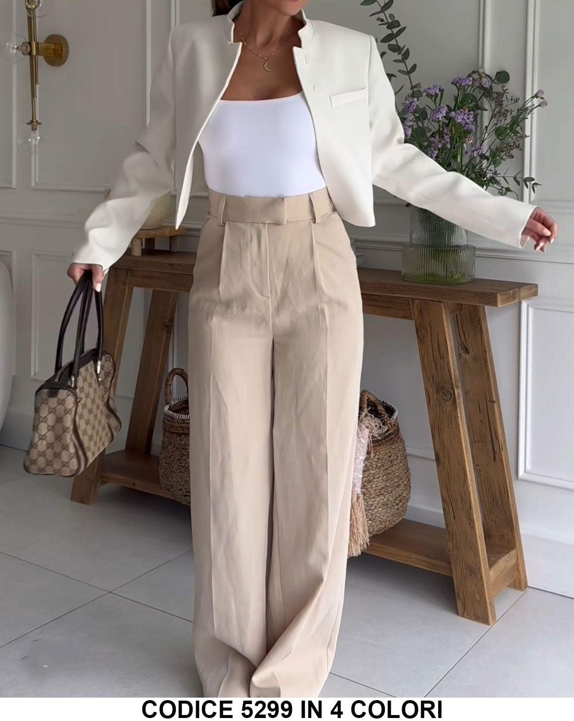 Tailleur Donna Giacca corta Bolero Pantalone Palazzo Lino Completo Casual Elegante in Bianco - 5299Out