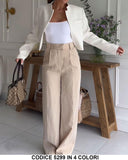 Tailleur Donna Giacca corta Bolero Pantalone Palazzo Lino Completo Casual Elegante in Bianco - 5299Out