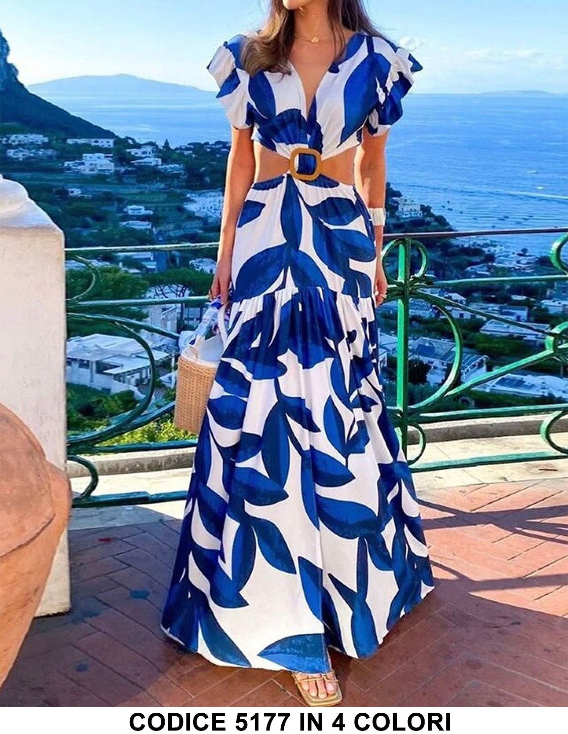 Abito Lungo Estate Cut Out Multicolore Floreale Vestito Cocktail con Fibbia in Blu Elettrico - 5177Out