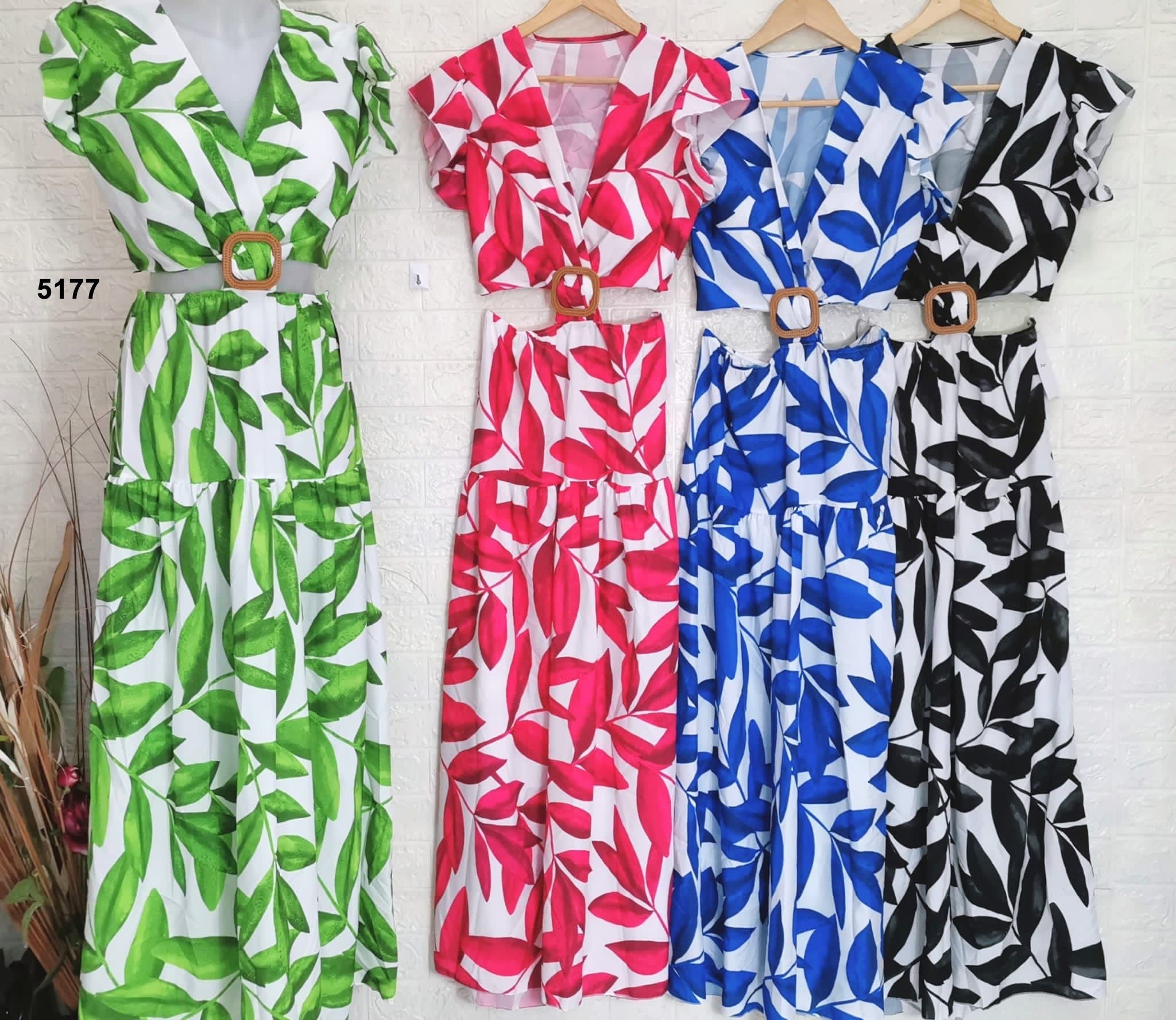Abito Lungo Estate Cut Out Multicolore Floreale Vestito Cocktail con Fibbia in Blu Elettrico - 5177Out