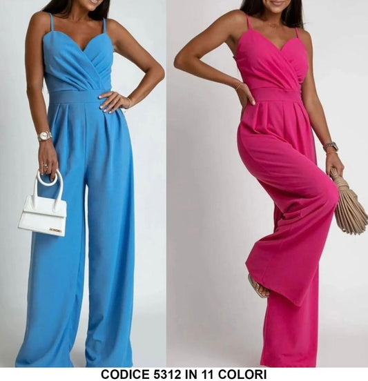 Tuta Intera Jumpsuit Elegante Scollo V con Bretelle Spalla Scoperta Pantalone Zampa in 11 Colori - 5312
