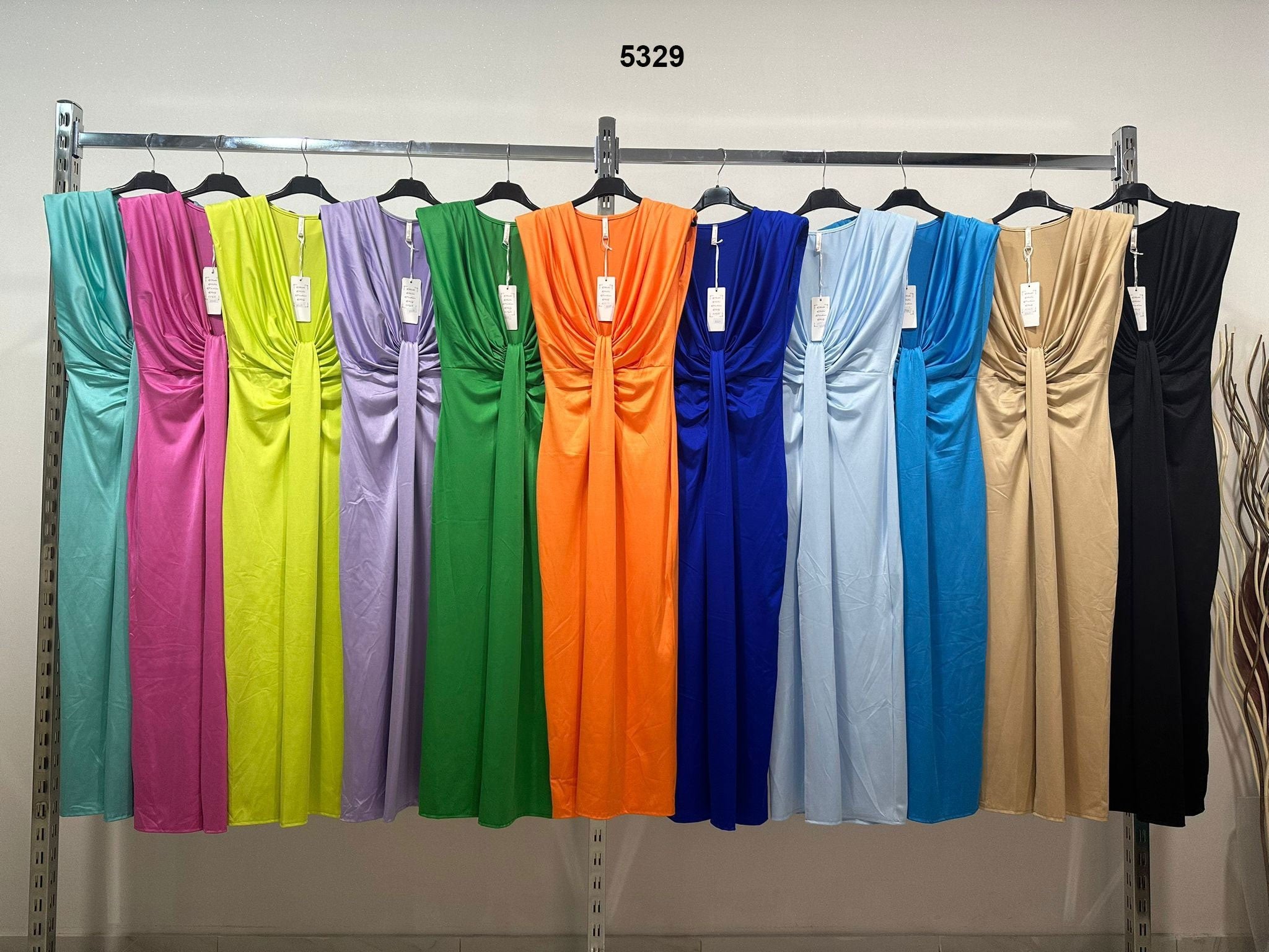 Abito Lungo Cerimonia Effetto Raso Scollo V Profondo Smanicato Vestito Elegante in 11 Colori - 5329