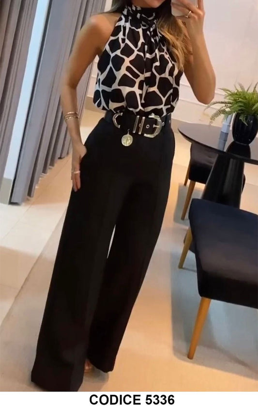 Completo Elegante Maglia Animalier Scollo Americano Bianco Nero Pantalone Palazzo Cintura - 5336