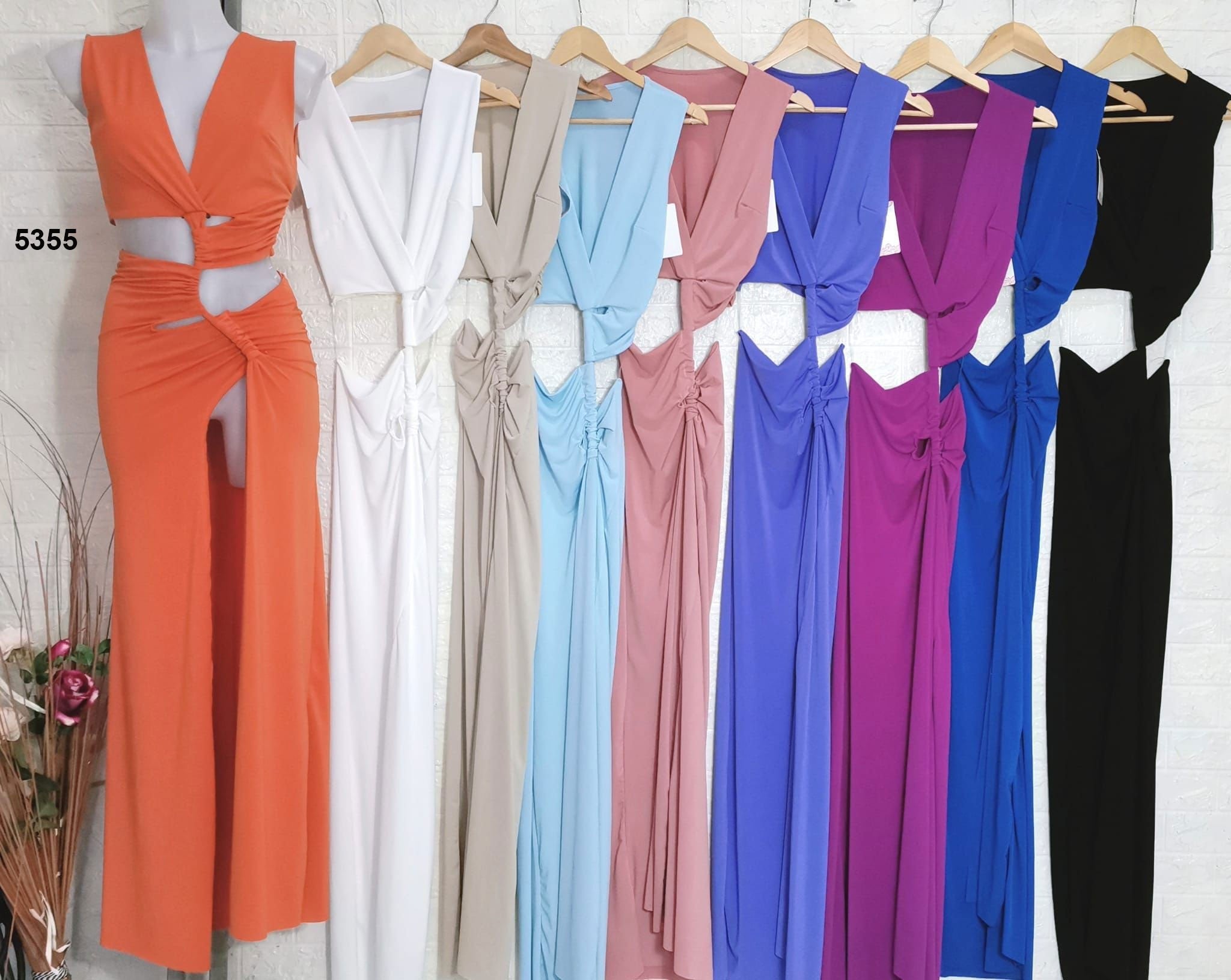 Abito Lungo Cut Out Sensuale Scollo V Spacco Profondo Elegante Cocktail vestito in 9 Colori - 5355