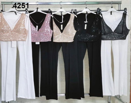 Completo Donna Top Paillettes  Smanicato Pantalone Palazzo Casual Elegante in 4 Colori - 4251