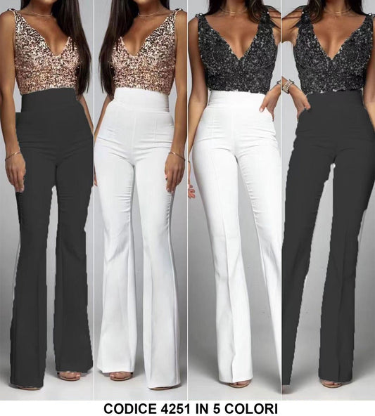 Completo Donna Top Paillettes  Smanicato Pantalone Palazzo Casual Elegante in 4 Colori - 4251