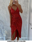 Abito Elegante Vestito Lungo tutto in Paillettes Scollo V Spacco Centrale in Nero - 4874Out