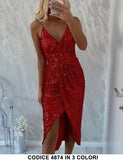 Abito Elegante Vestito Lungo tutto in Paillettes Scollo V Spacco Centrale in Nero - 4874Out