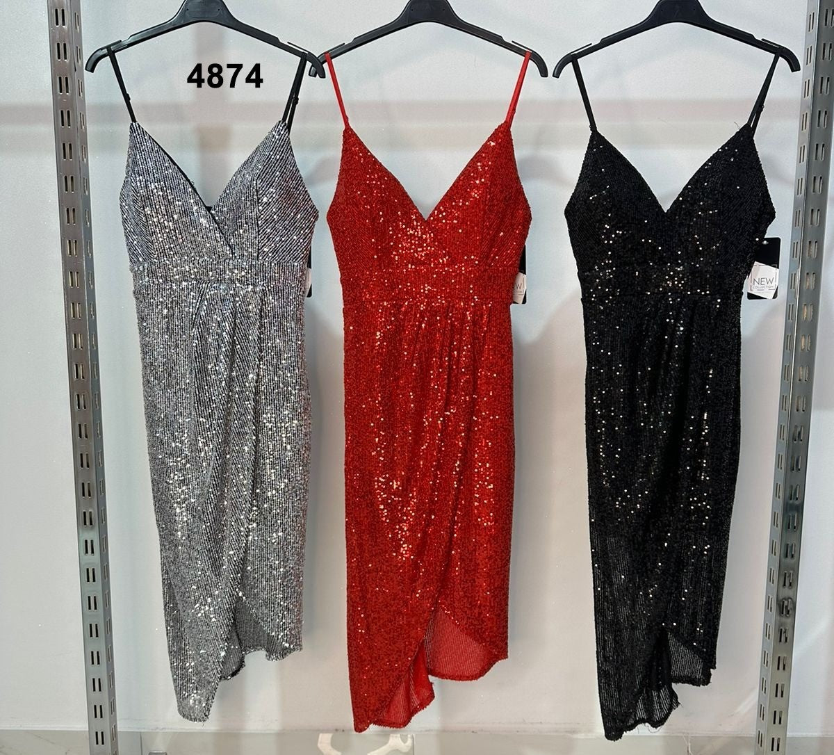 Abito Elegante Vestito Lungo tutto in Paillettes Scollo V Spacco Centrale in Nero - 4874Out