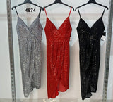 Abito Elegante Vestito Lungo tutto in Paillettes Scollo V Spacco Centrale in Nero - 4874Out
