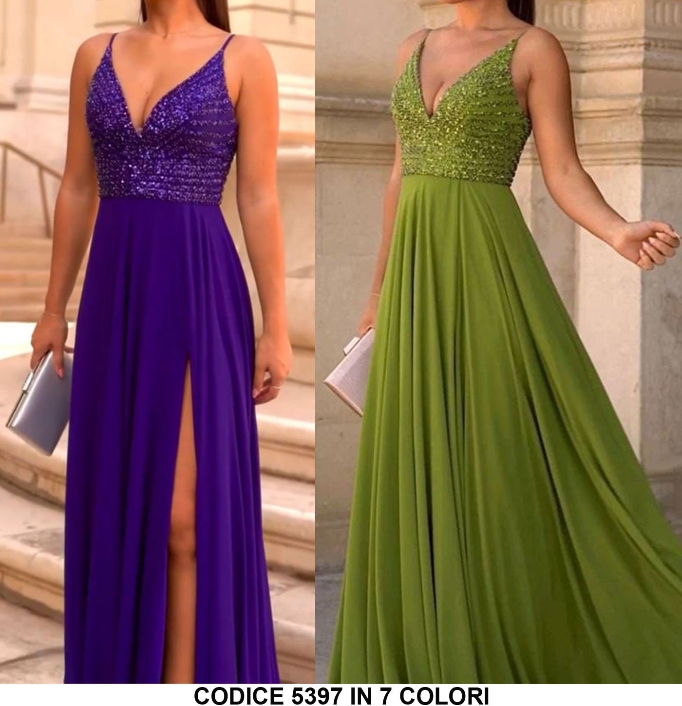Abito Lungo Cerimonia Serata Scollo V Sensuale in Paillettes Spacco Alto Vestito in 7 Colori - 5397