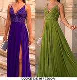 Abito Lungo Cerimonia Serata Scollo V Sensuale in Paillettes Spacco Alto Vestito in 7 Colori - 5397