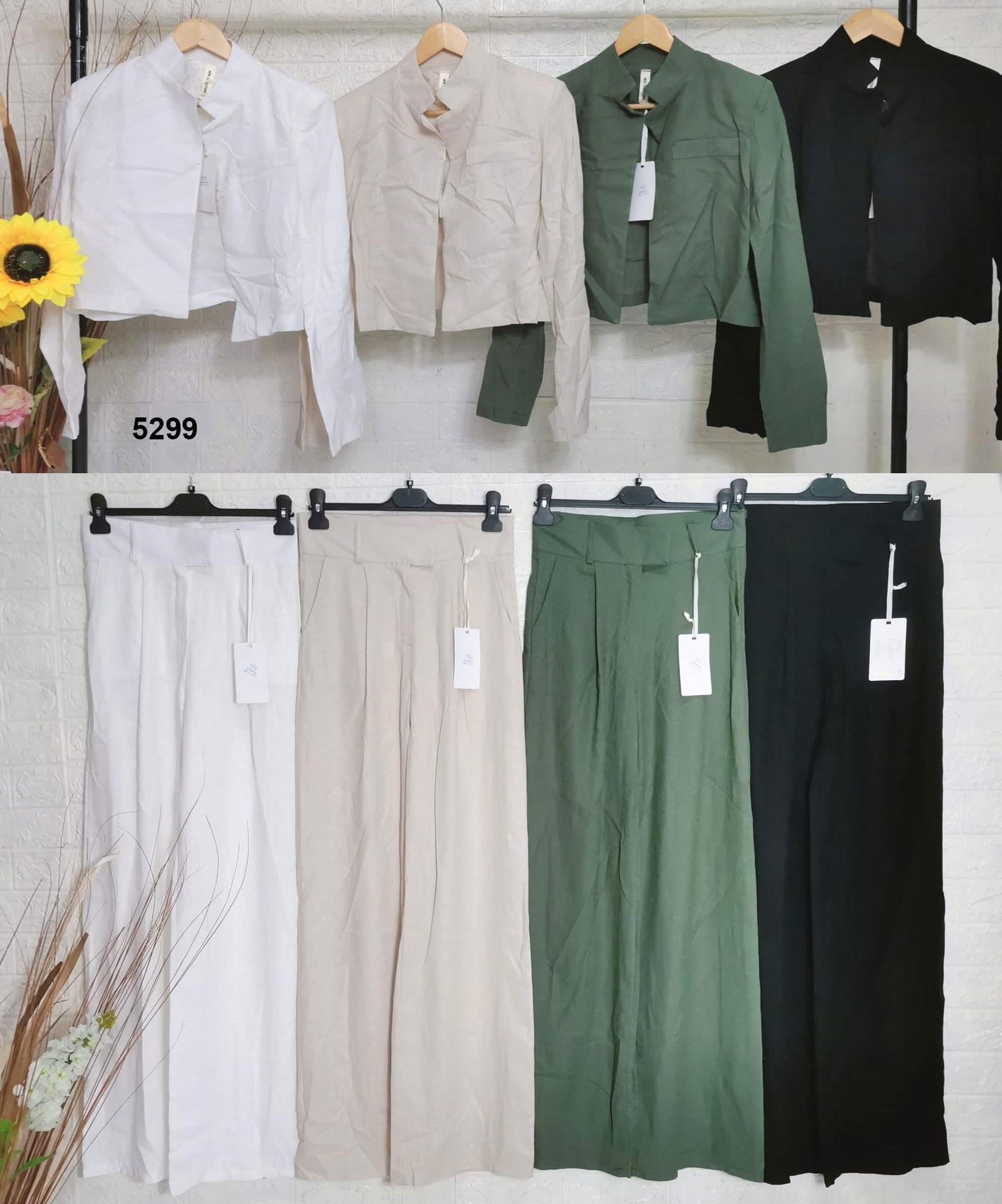Tailleur Donna Giacca corta Bolero Pantalone Palazzo Lino Completo Casual Elegante in Bianco - 5299Out
