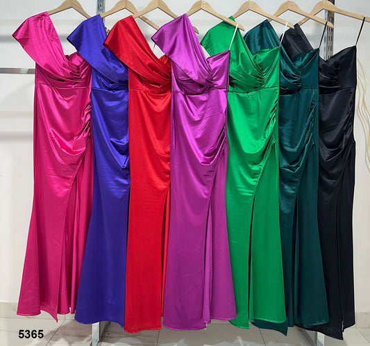 Abito Lungo Elegante Impero Monospalla Cerimonia Spacco Rasato Vestito in Fucsia - 5365Out