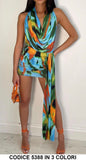 Abito Corto Elegante Multicolore Scollo V Arricciato Drappeggio Vestito Serata in Celeste - 5388