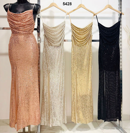 Abito da Sera Lungo in Paillettes Spacco Laterale Schiena Scoperta Vestito Elegante in 3 Colori - 5428