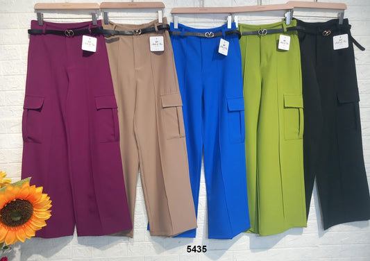 Pantalone Donna Cargo Vita Alta con Tasche Zampa con Cintura in 5 Colori - 5435