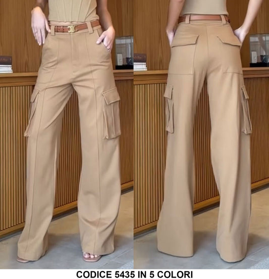 Pantalone Donna Cargo Vita Alta con Tasche Zampa con Cintura in 5 Colori - 5435