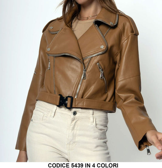 Giacca Donna Chiodo Eco Pelle Cerniera Cintura Zippato Casual Elegante in 4 Colori - 5439