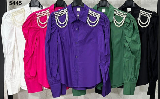 Camicia Donna Manica Lunga Monocolore Spalle con Perline Elegante Casual in 5 Colori - 5445