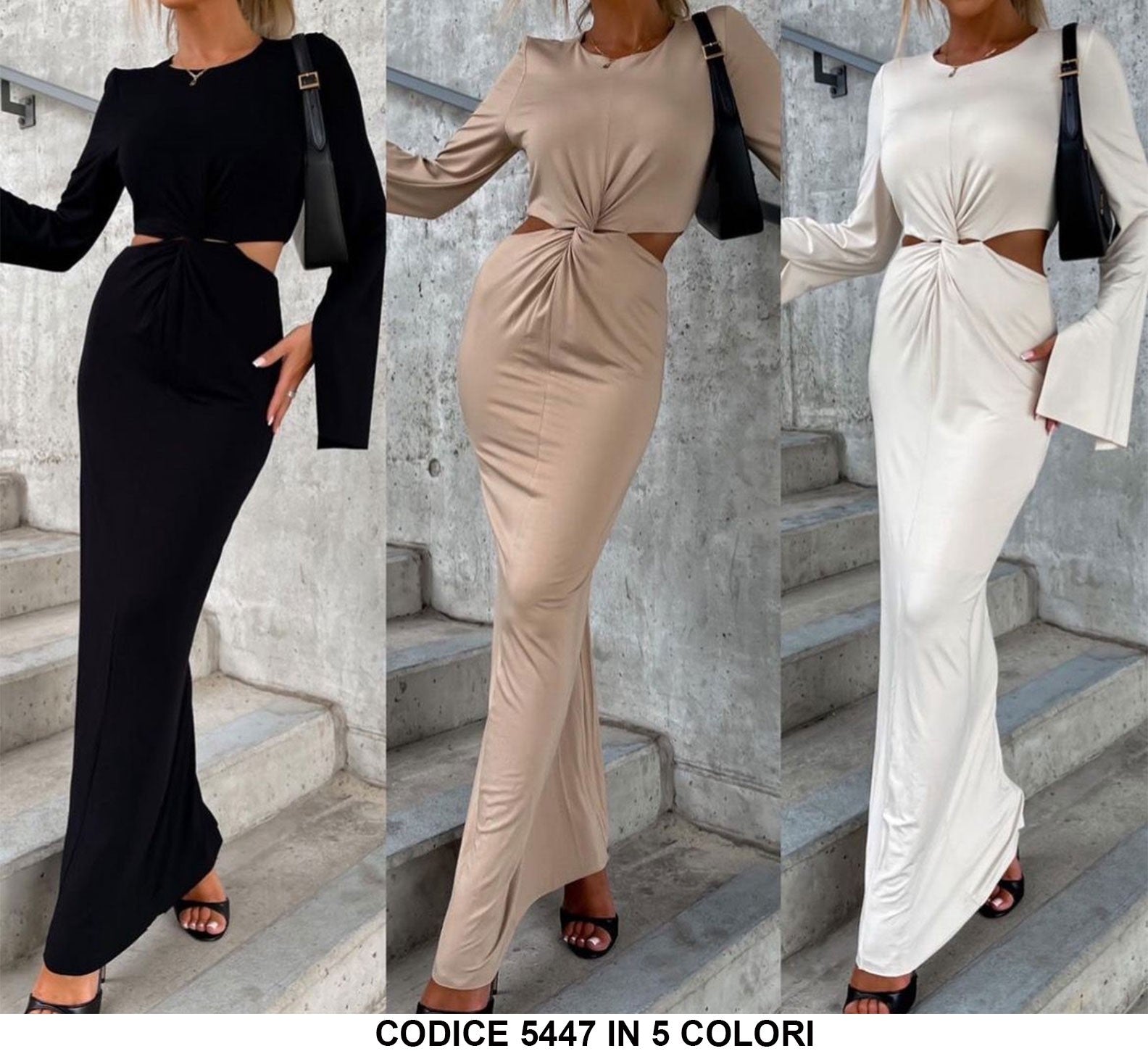 Abito Donna Longuette Lungo Cut Out Annodato in Vita Vestito Elegante Casual in 5 Colori - 5447