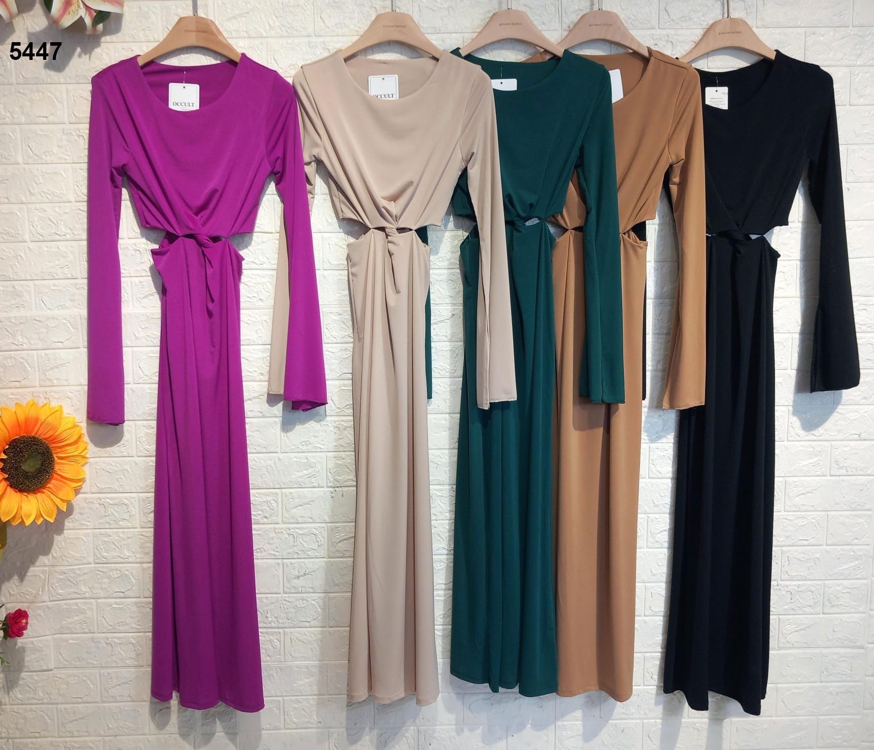 Abito Donna Longuette Lungo Cut Out Annodato in Vita Vestito Elegante Casual in 5 Colori - 5447