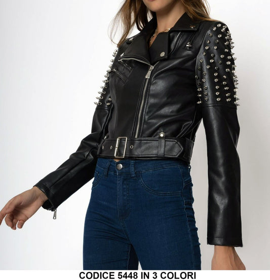 Giacca Donna Chiodo Eco Pelle Cerniera Manica Biker Borchie Casual Elegante in 3 Colori - 5448