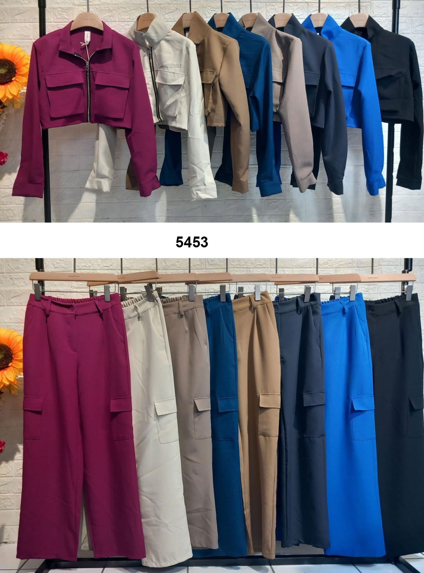 Completo Donna Giacca Corta Giacchino Manica Lunga con Zip Pantalone Cargo in 8 Colori - 5453