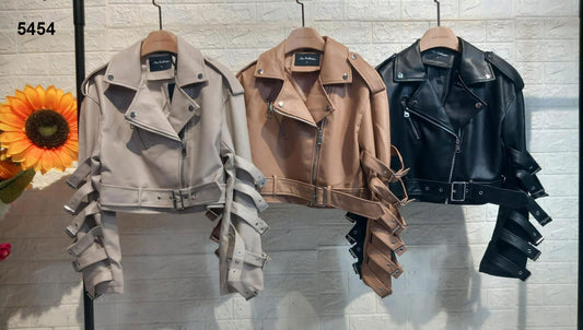 Giacca Donna Chiodo Eco Pelle Cerniere Cinture sulle Maniche Casual Elegante in 3 Colori - 5454