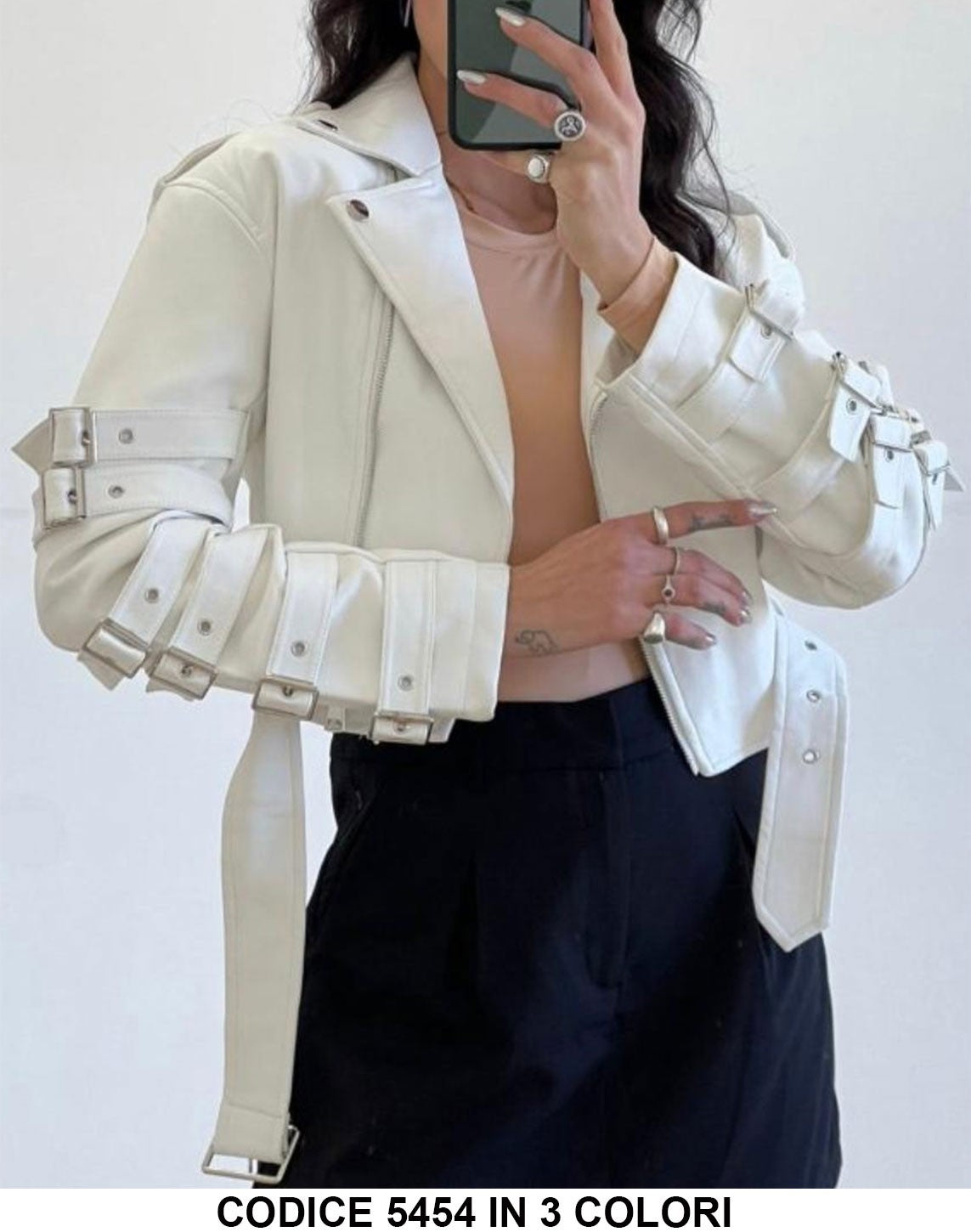 Giacca Donna Chiodo Eco Pelle Cerniere Cinture sulle Maniche Casual Elegante in 3 Colori - 5454