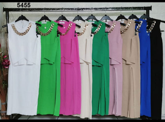 Completo Donna Maglia Top Collana Gonna Lunga Spacco Laterale Casual Sensuale in 9 Colori - 5455