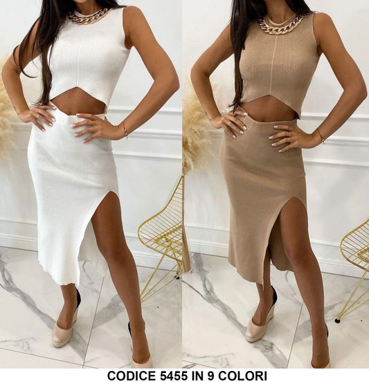 Completo Donna Maglia Top Collana Gonna Lunga Spacco Laterale Casual Sensuale in 9 Colori - 5455