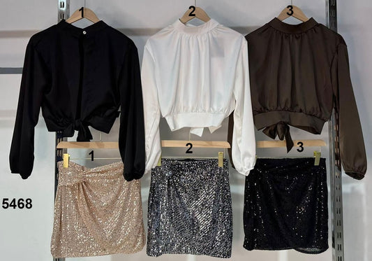Completo Donna Gonna Corta Paillettes Maglia con Fiocco Rasata Coordinato in 3 Colori - 5468