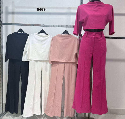 Completo Donna Maglia Corta Manica Lunga Pantalone Zampa Casual Coordinato in 4 Colori - 5469