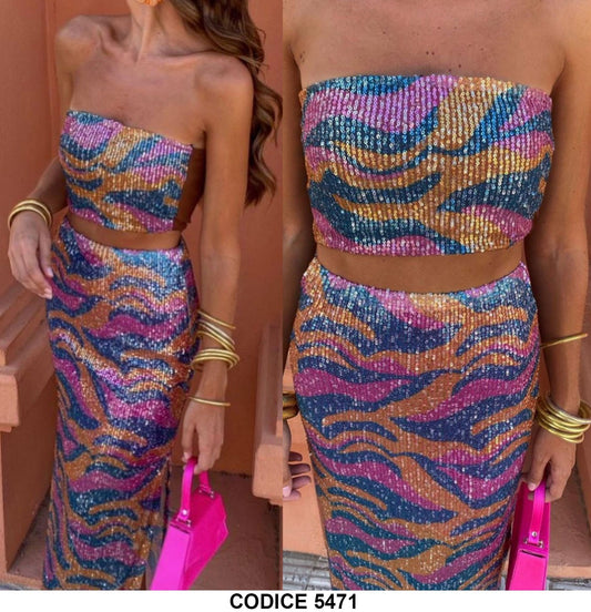 Completo Donna Top e Gonna Lunga interamente in Paillettes Multicolore Elegante Casual - 5471