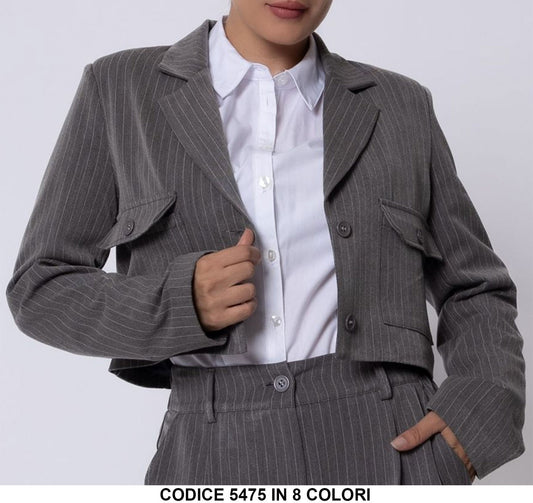 Giacca Giacchino Blazer Elegante Gessato a Righe Corta Doppiopetto con Tasche in 8 Colori - 5475