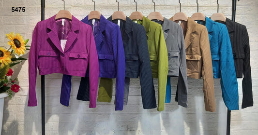Giacca Giacchino Blazer Elegante Gessato a Righe Corta Doppiopetto con Tasche in 8 Colori - 5475