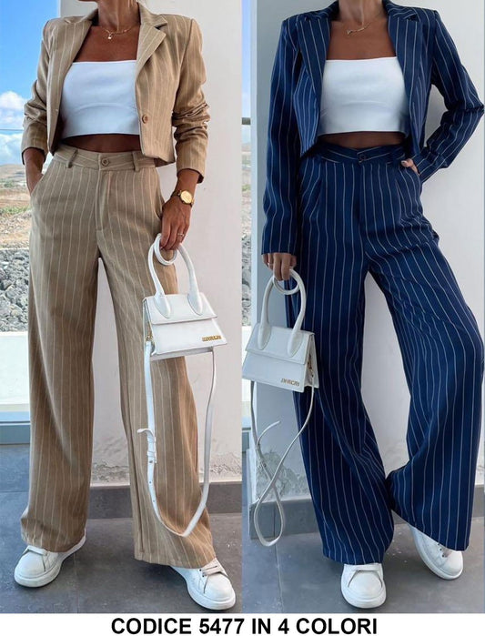 Tailleur Completo Gessato Giacca Corta Pantalone Zampa a Righe Casual Elegante in 4 Colori - 5477
