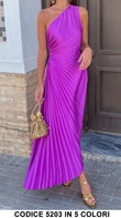Abito Donna Lungo Monospalla Plissé Elegante Cerimonia vestito Asimmetrico in Nero - 5203Out