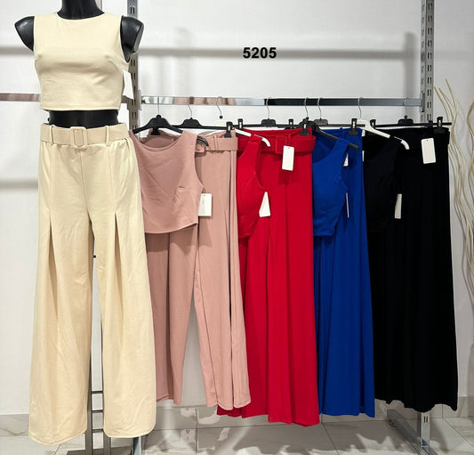 Coordinato Top Girocollo e Pantalone Zampa con Cintura Completo Donna in 2 Colori - 5205Out