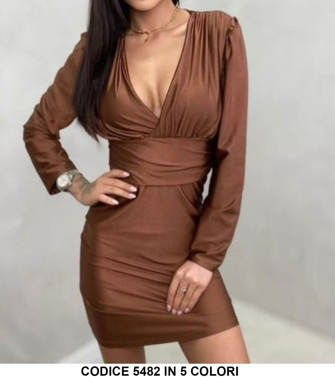 Abito Manica Lunga Casual Scollo V Fascia in Vita Elegante Vestito Grinzato in 5 Colori - 5482