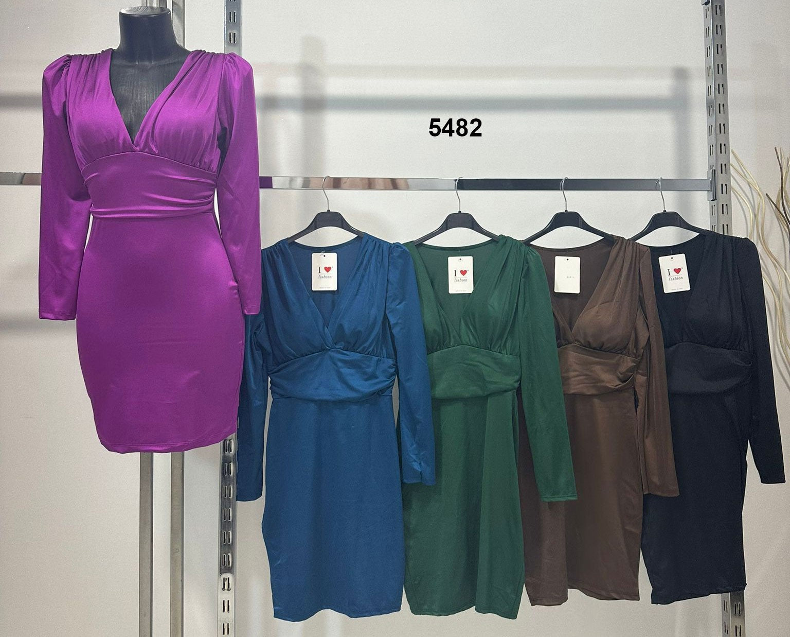 Abito Manica Lunga Casual Scollo V Fascia in Vita Elegante Vestito Grinzato in 5 Colori - 5482
