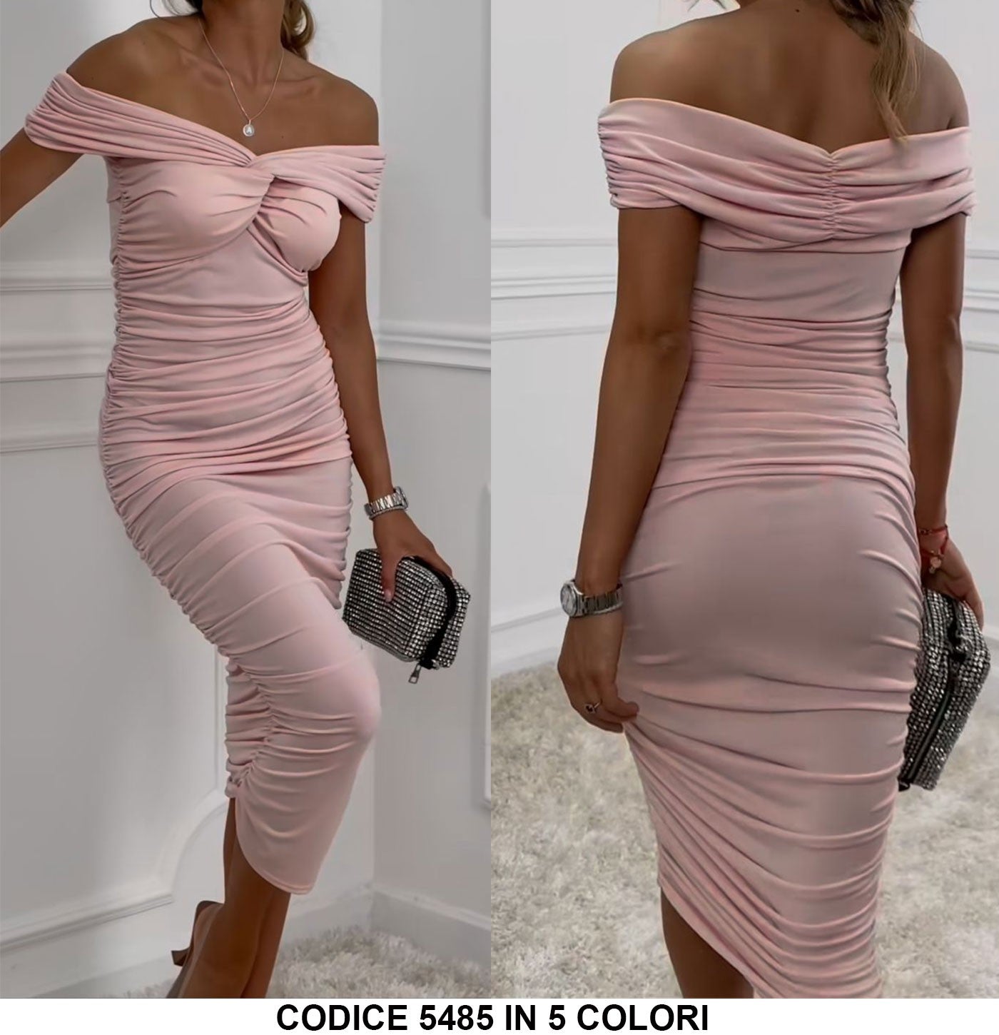 Abito Lungo Aderente Grinzato Elegante Casual Spalline Scese Regolabili Vestito in 5 Colori - 5485