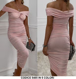 Abito Lungo Aderente Grinzato Elegante Casual Spalline Scese Regolabili Vestito in 5 Colori - 5485
