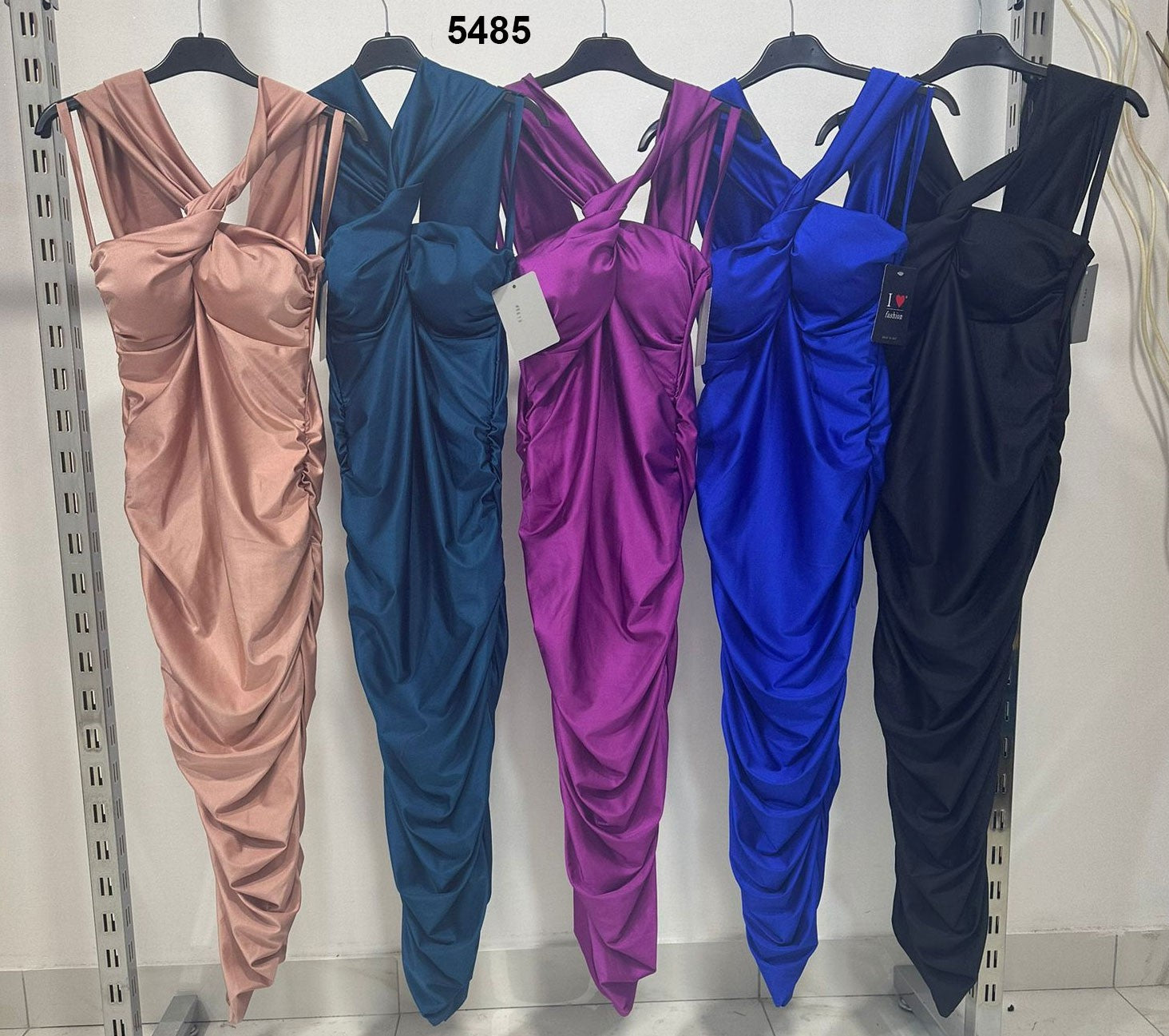 Abito Lungo Aderente Grinzato Elegante Casual Spalline Scese Regolabili Vestito in 5 Colori - 5485