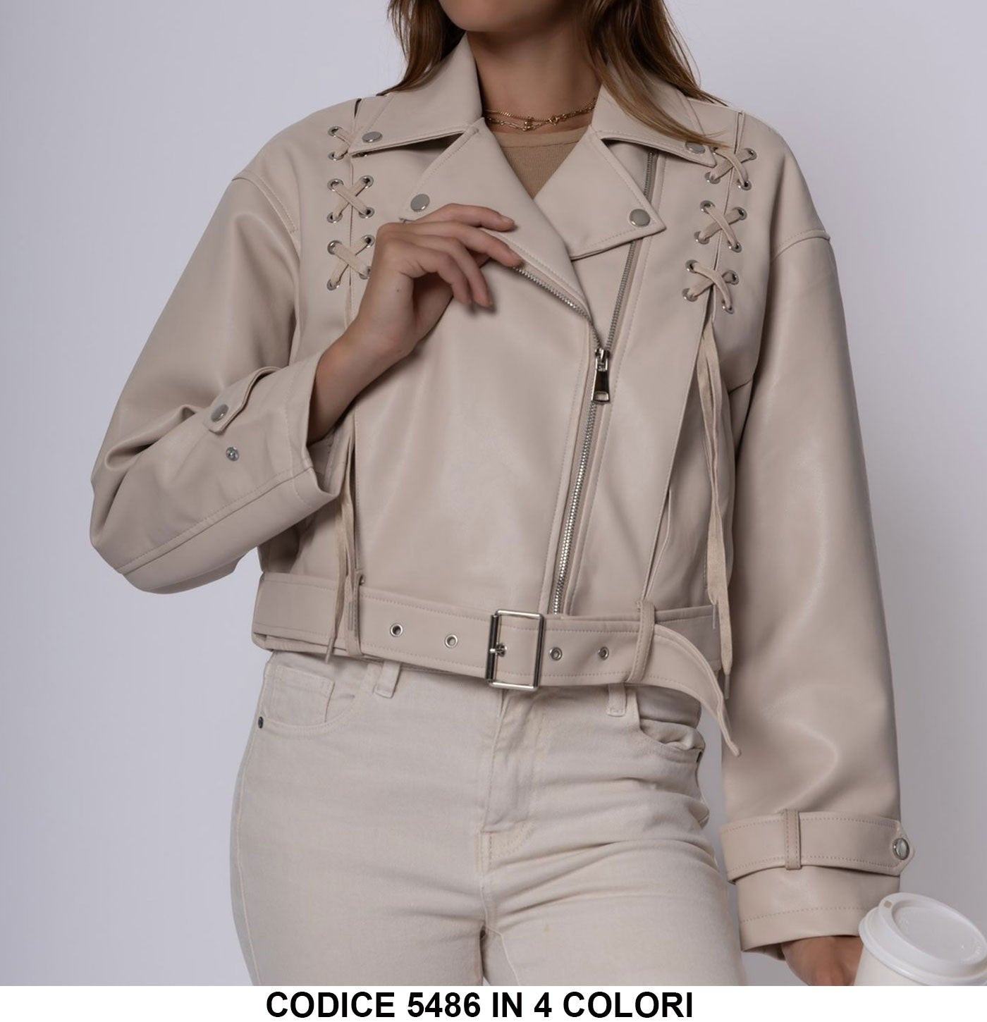 Giacca Donna Chiodo Eco Pelle Cerniere Dettaglio Intreccio Casual Elegante in 4 Colori - 5486