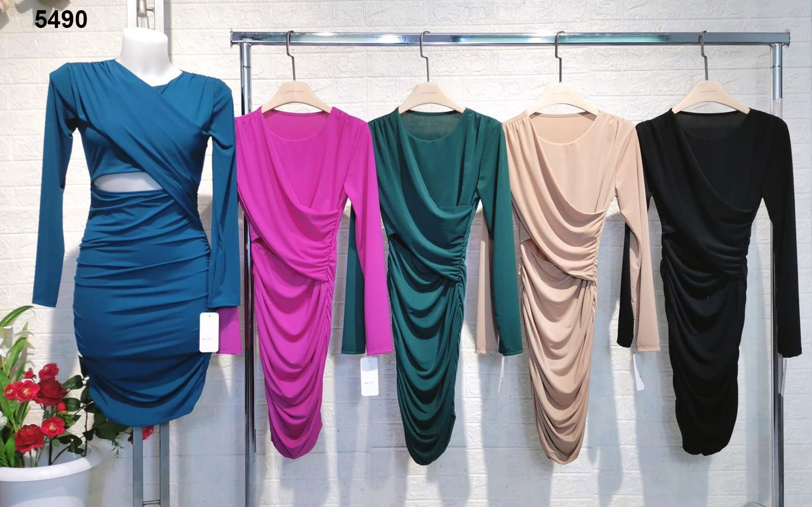 Abito Corto Aderente Grinzato Sensuale Cut Out Casual Fascia Sovrapposta Vestito in 5 Colori - 5490