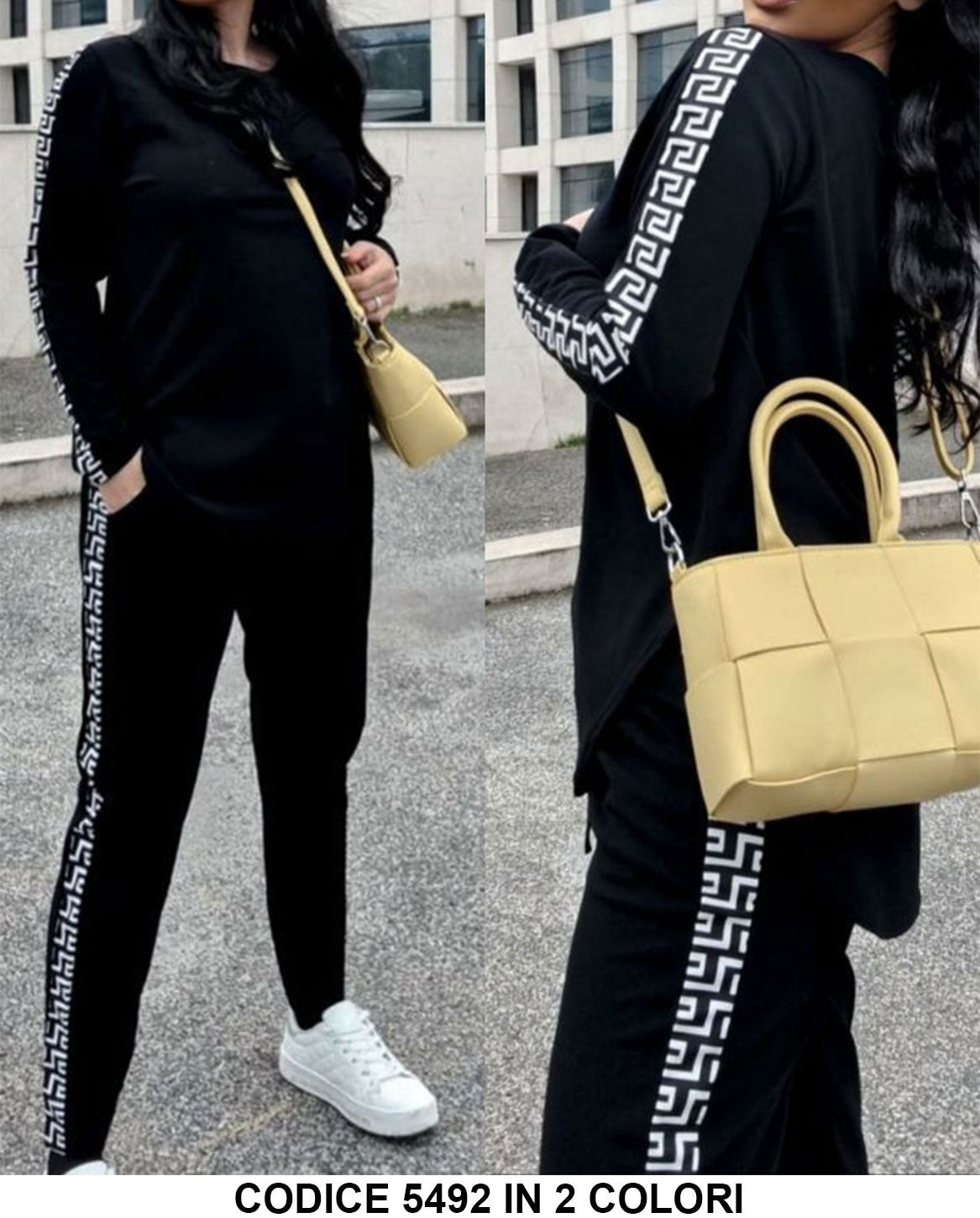 Tuta Donna Sportiva Nera Decoro La Greca Colorato Felpa Asimmetrica Casual in 2 Colori - 5492