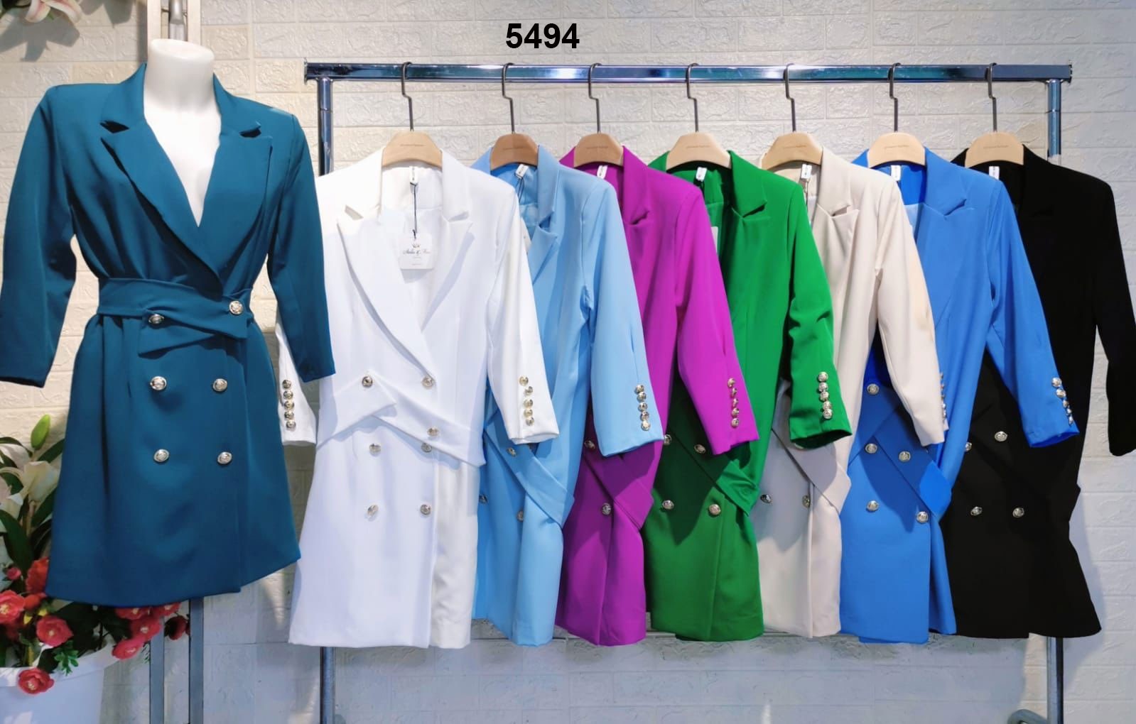 Abito Midi Corto Elegante Scollo V Bottoni Dorati Vestito Blazer Chic Cerimonia in 8 Colori - 5494