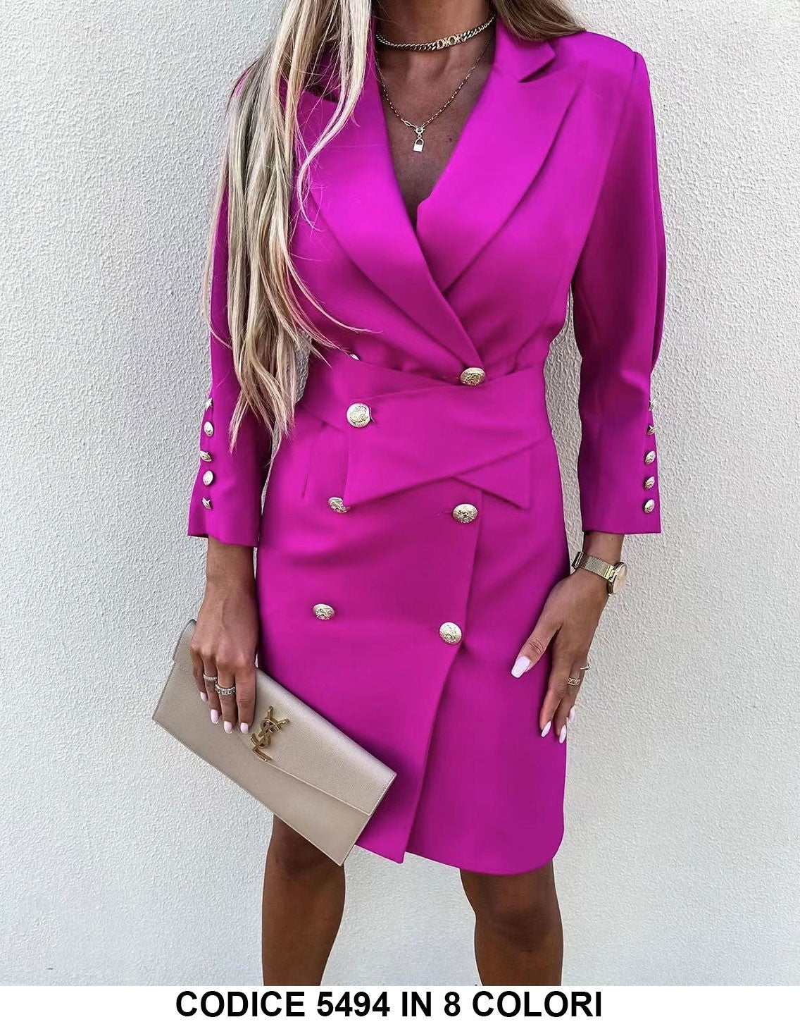 Abito Midi Corto Elegante Scollo V Bottoni Dorati Vestito Blazer Chic Cerimonia in 8 Colori - 5494